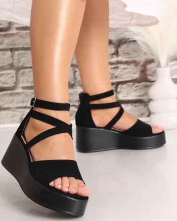 Sandale dama cu platforma Negre din Piele Ecologica Intoarsa Avorna