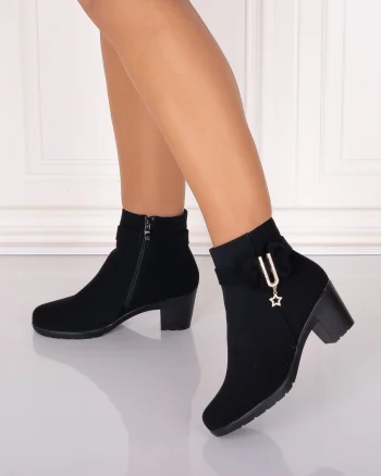 Botine Dama Imblanite cu toc Negre din Piele Ecologica Intoarsa Jomya