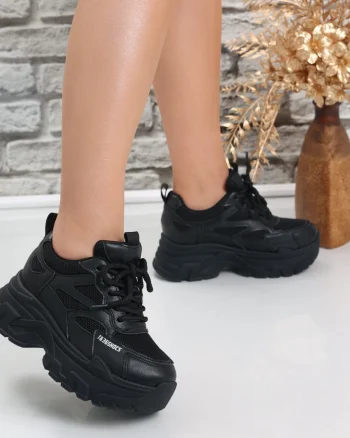 Sneakers dama cu platforma Negri din Piele Ecologica/Textil Norla