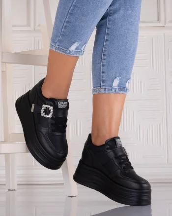 Sneakers dama cu platforma Negri din Piele Ecologica Alorna