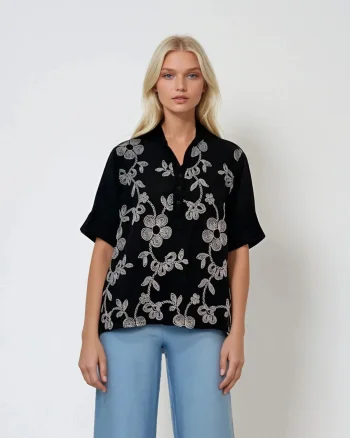 Bluză guler tunică cu broderie flori negru - Unica S-L