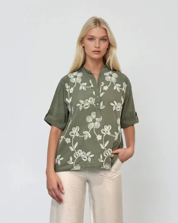 Bluză guler tunică cu broderie flori kaki - Unica S-L