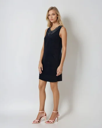 Rochie din in fără mânecă cu guler paiete bleumarin - XL