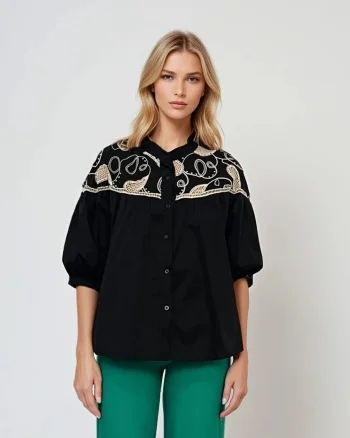 Cămașă din bumbac brodată cu nasturi și mânecă 3/4 negru - Unica S-L