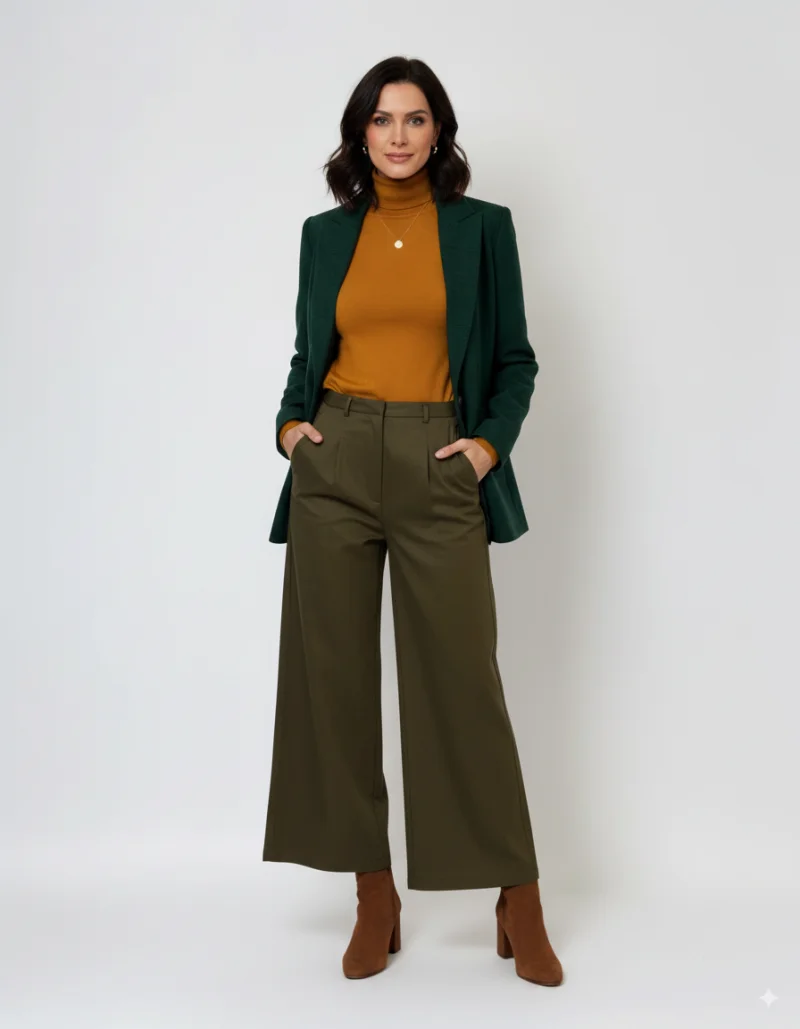 Pantaloni evazați cu fermoar și buzunare kaki - XS