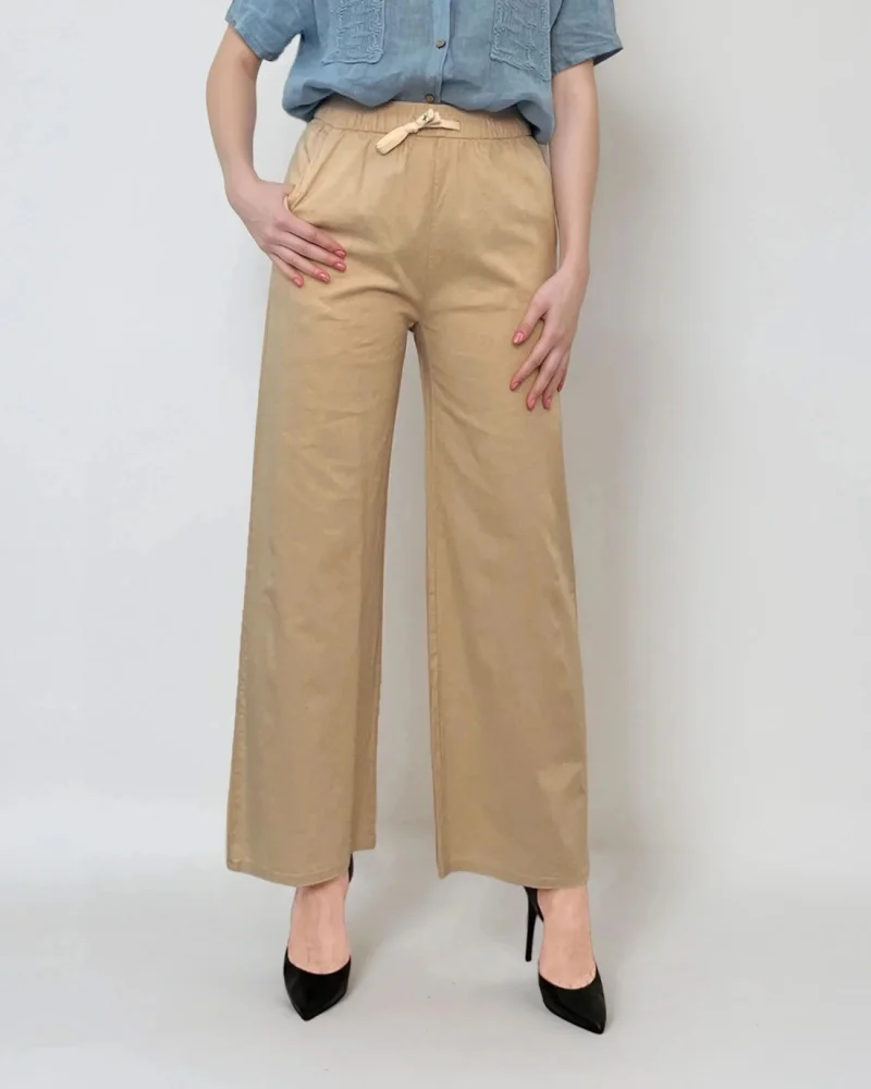 Pantaloni vaporoși cu șiret în talie beige - S