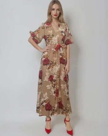 Rochie lunga parte peste parte print floral beige - Unica S-L