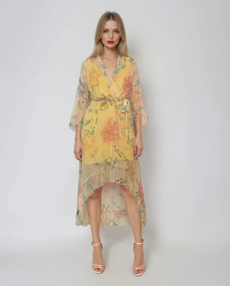 Rochie asimetrică din voal cu print floral și cordon galben - Unica S-L