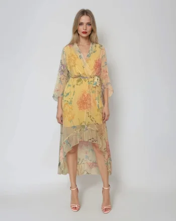 Rochie asimetrică din voal cu print floral și cordon galben - Unica S-L