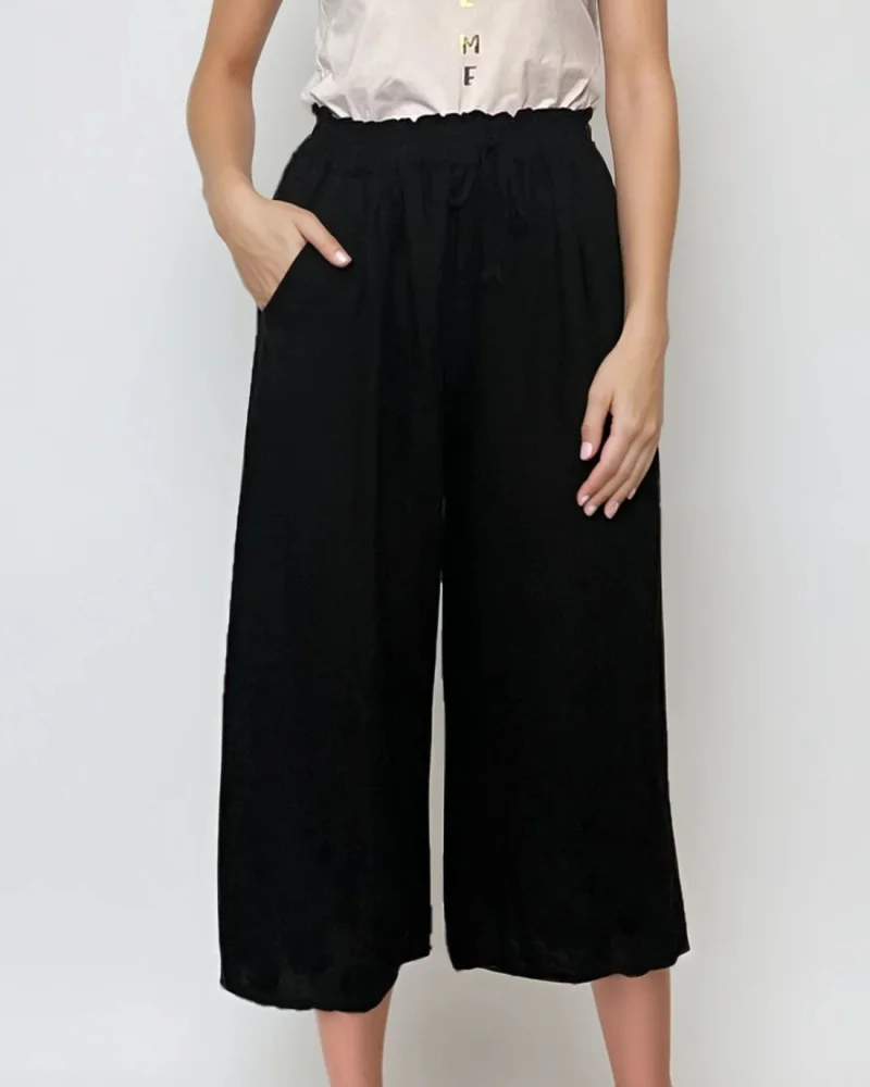 Pantaloni 3/4 din in cu broderie florală și buzunare negru - Unica S-L
