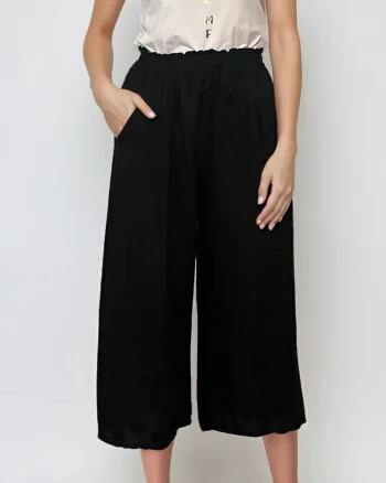 Pantaloni 3/4 din in cu broderie florală și buzunare negru - Unica S-L