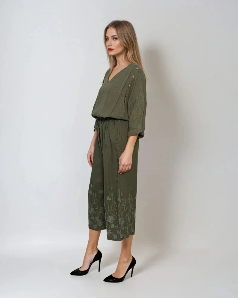 Pantaloni 3/4 din in cu broderie florală și buzunare kaki - Unica S-L