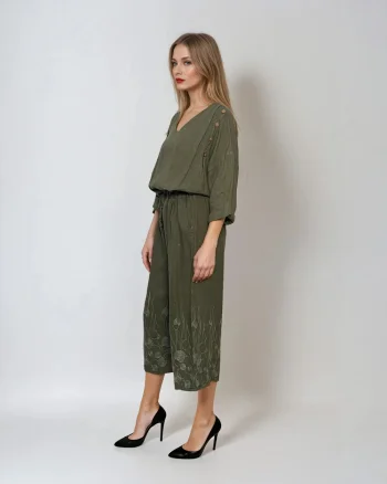 Pantaloni 3/4 din in cu broderie florală și buzunare kaki - Unica S-L