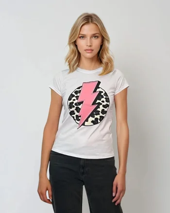 Tricou mulat din bumbac cu print fulger roz - Unica S-L