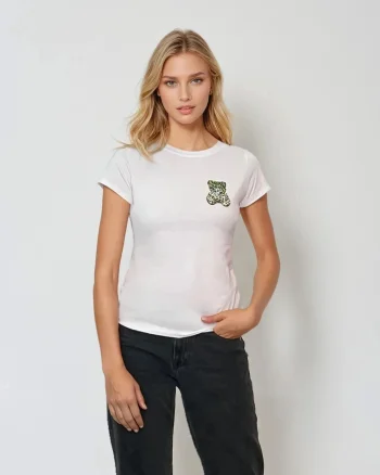Tricou mulat din bumbac cu print ursuleț și strasuri alb - Unica S-L