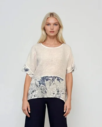 Bluză din in cu print floral alb - Unica S-L