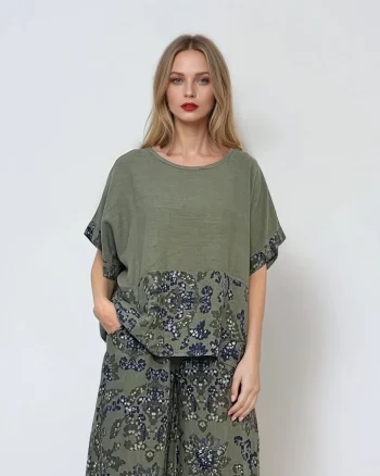 Bluza largă din in cu mânecă fluture și print floral kaki - Unica S-L