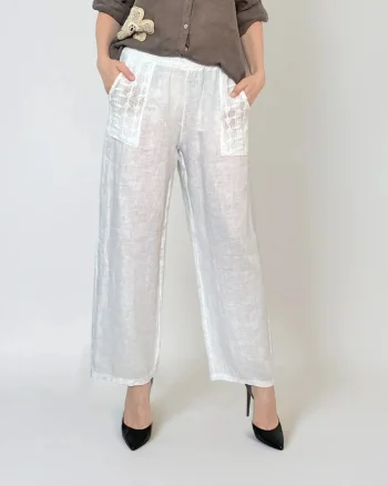 Pantaloni lungi din in cu buzunare croșetate alb - Unica S-L