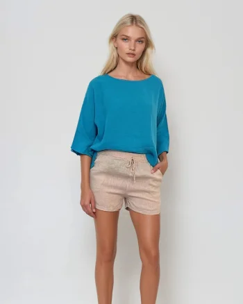 Pantaloni scurți din in cu siret și buzunare crem - Unica S-L