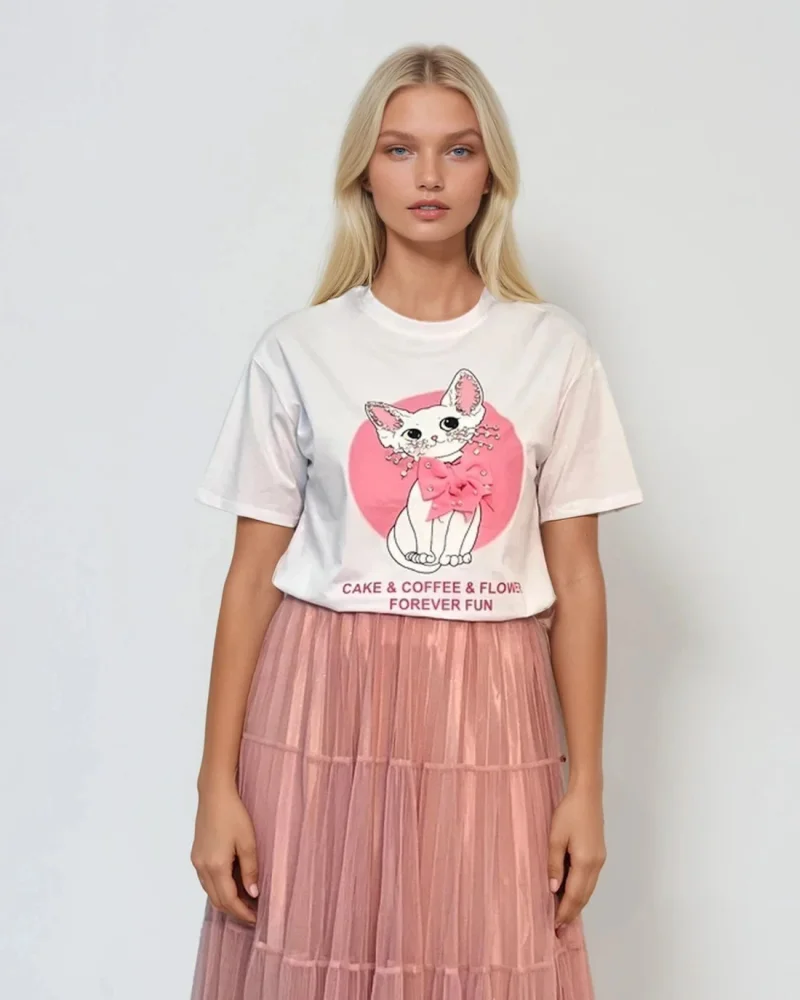 Tricou cu pisică cu fundiță și mesaj alb - S/M