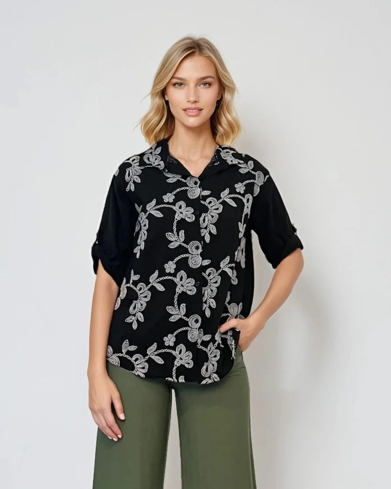 Cămașă cu broderie flori negru - Unica S-L