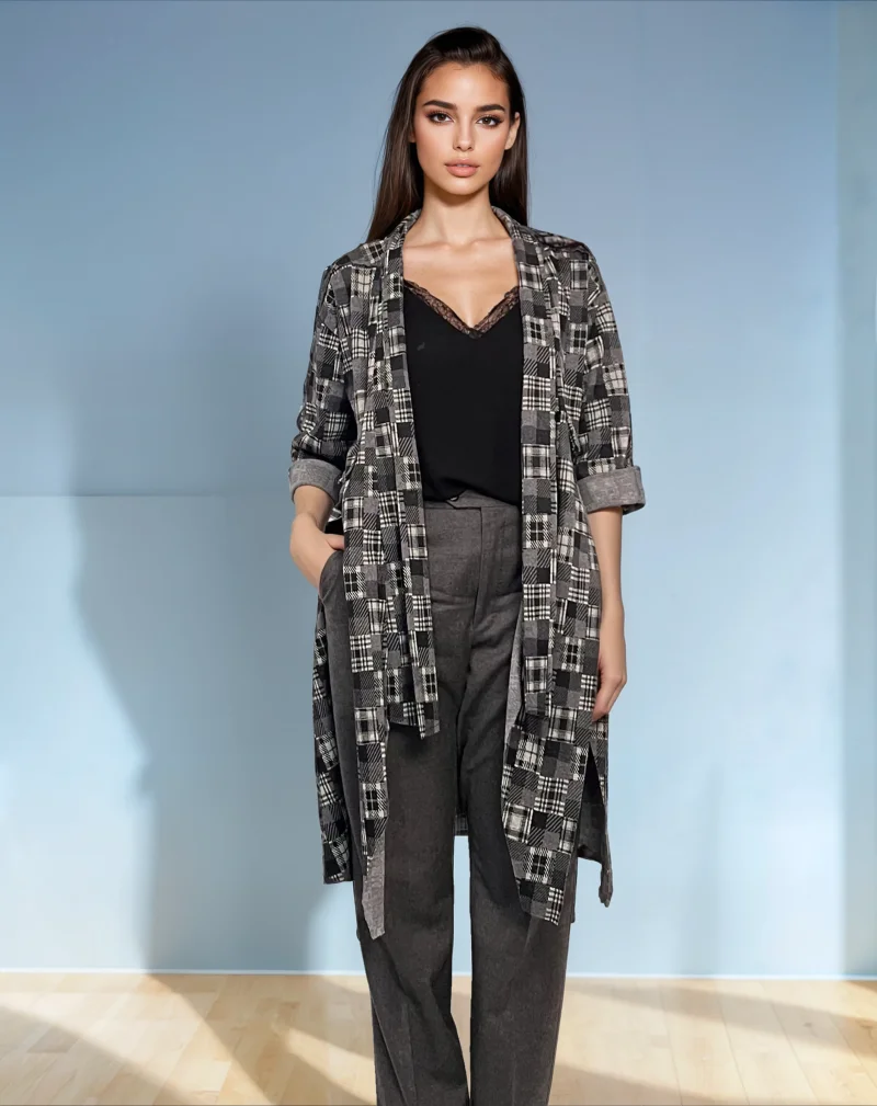 Cardigan lung cu șlițuri laterale și imprimeu geometric mic gri - Unica S-L