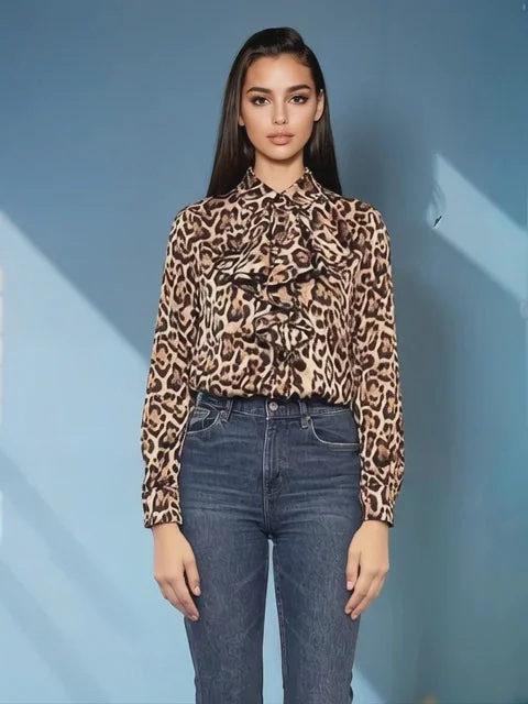 Bluza vâscoză cu volane, mânecă lungă, animal print animal-print - S/M