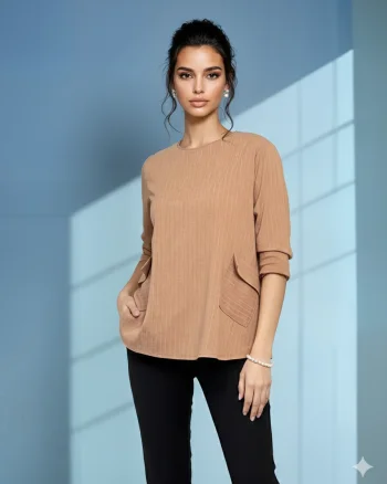 Bluză largă office din mix de vâscoză cu clapete decorative beige - Unica S-L
