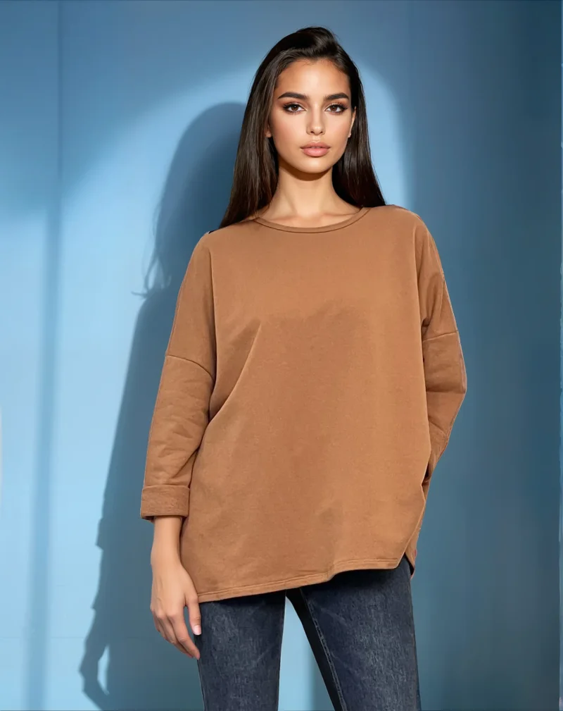 Bluză largă din bumbac cu mânecă 3/4 beige - Unica S-L