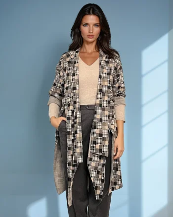 Cardigan lung cu șlițuri laterale și imprimeu geometric mic beige - Unica S-L