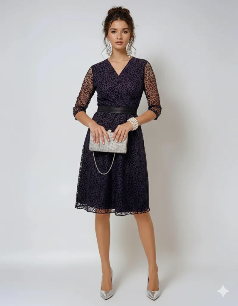 Rochie midi mov cu mâneci 3/4 din dantelă, elegantă pentru evenimente mov - 44