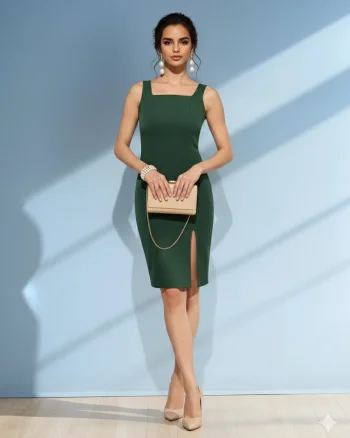 Rochie midi cu bretele și slit pe picior verde - XS