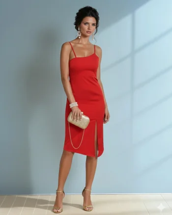 Rochie asimetrică cu bretele subțiri și slit pe picior rosu - XS
