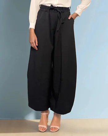 Pantaloni largi cu dungă și cordon negru - Unica S-L