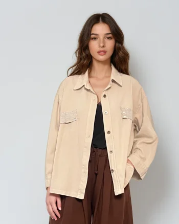 Jachetă stil jeans cu paiete pe buzunare crem - Unica S-L