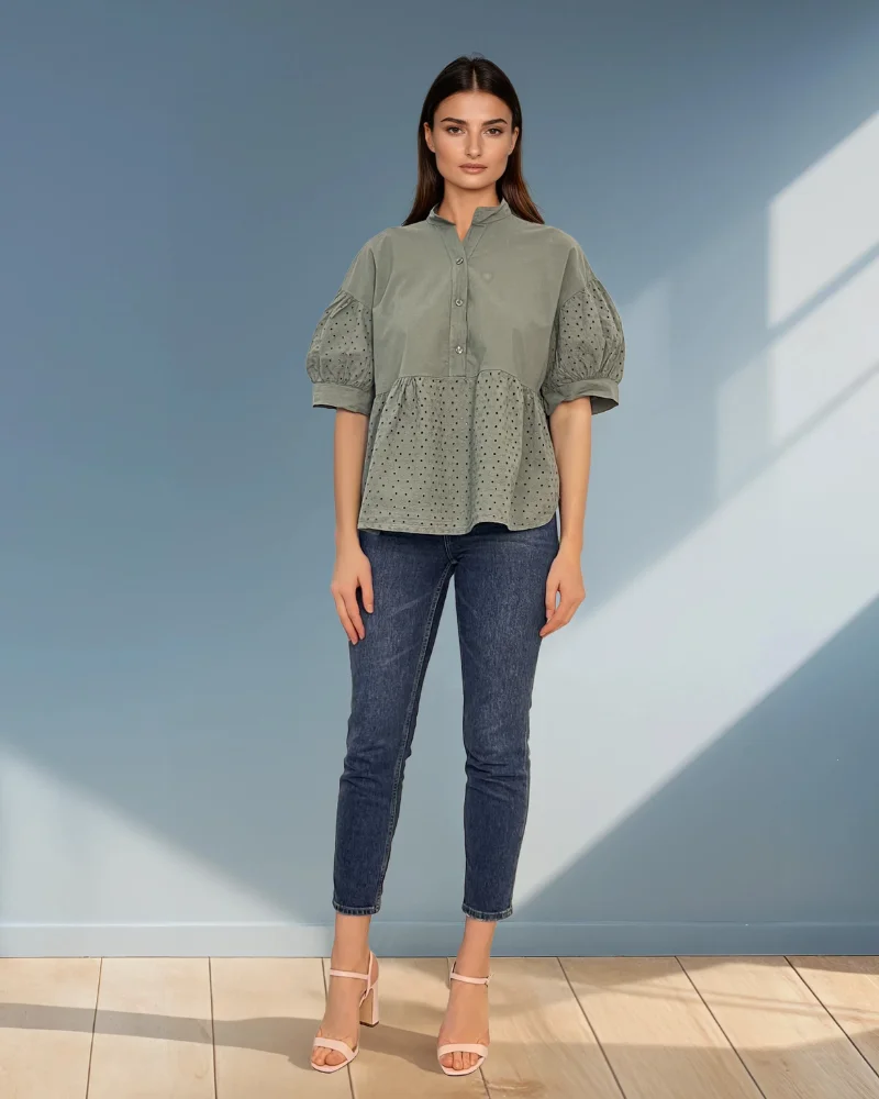 Bluza guler tunică și broderie kaki - Unica S-L