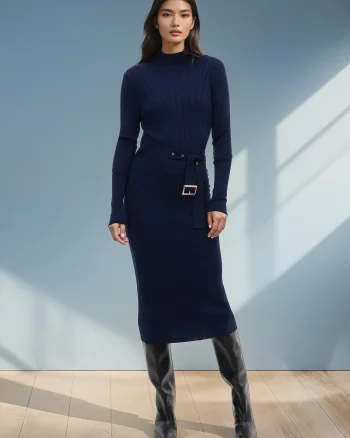 Rochie lungă tricotată mulată tubulară cu mâneci lungi  ORSAY bleumarin - XS