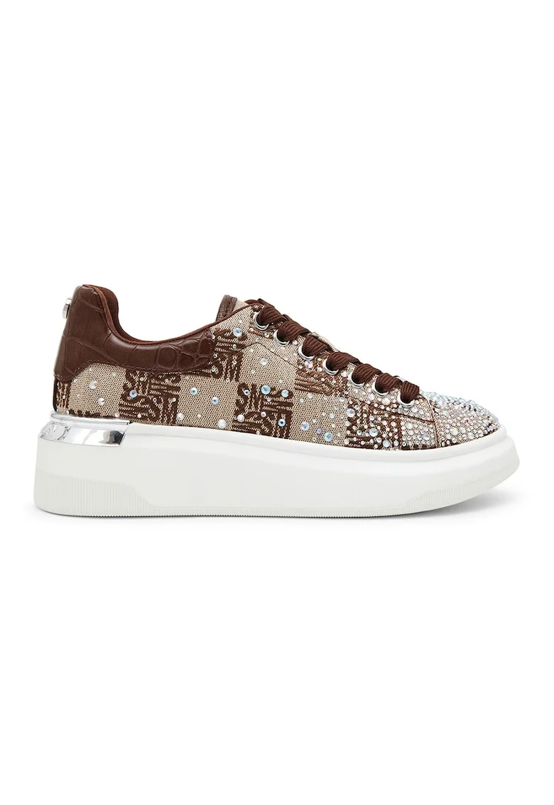 Pantofi sport cu talpa wedge si aplicatii cu strasuri, Auriu/Maro