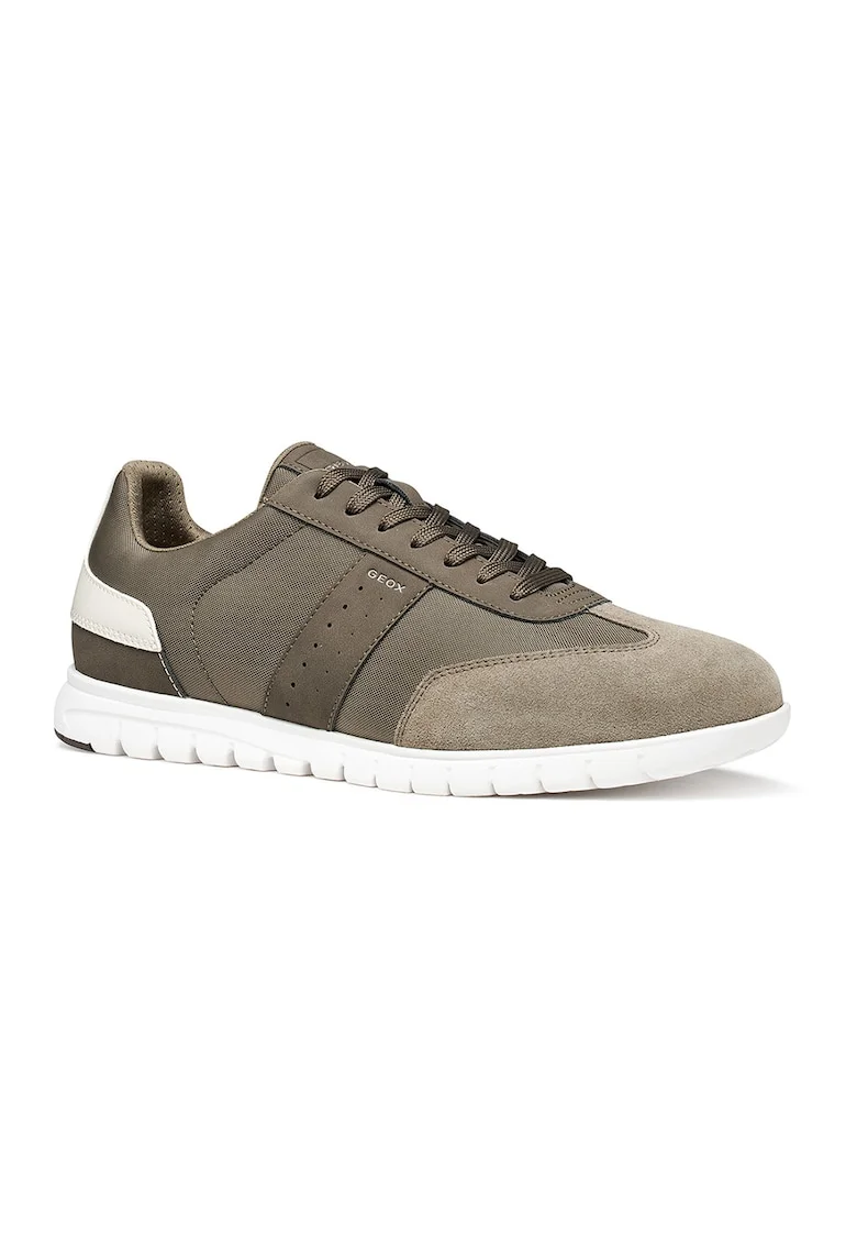 Pantofi sport din piele intoarsa cu garnituri din plasa, Alb/Maro taupe
