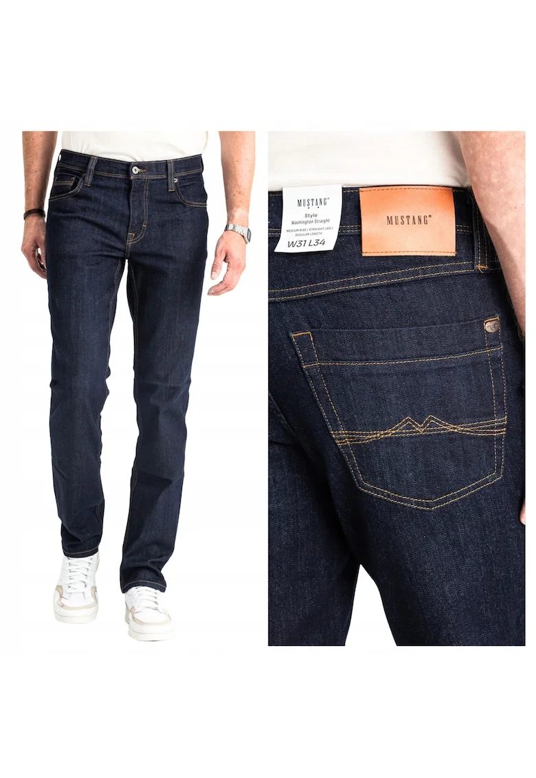 Blugi Barbati,  Washington Straight, Straight Fit, Talie Medie, Lungi, Fermoar, 5 Buzunare, Bumbac, W33-L32 US, Albastru