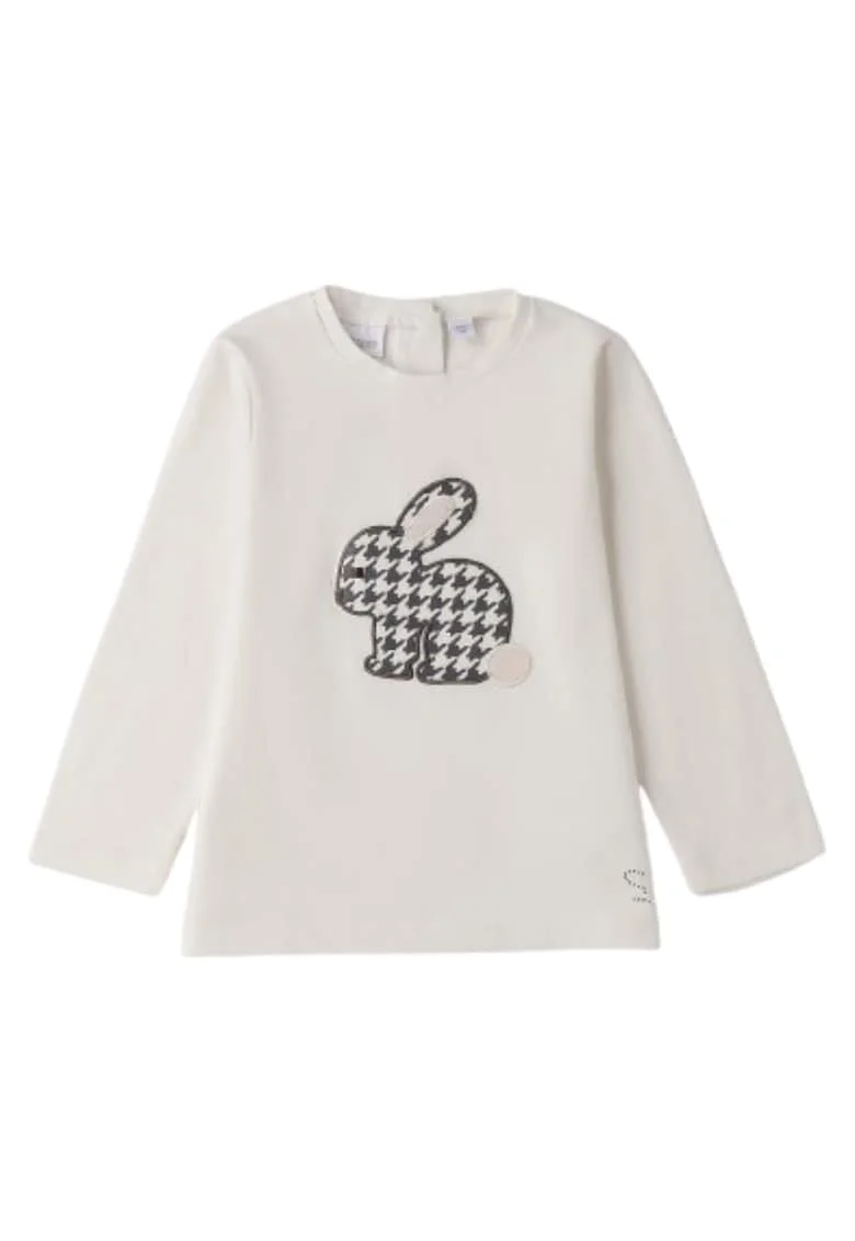 Bluza fete  din bumbac elastic, cu aplicatie iepuras, Alb natur