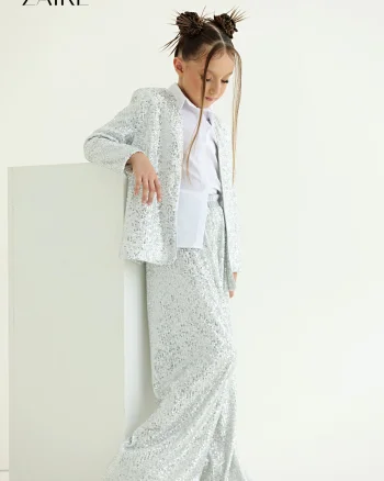 Compleu argintiu elegant din paiete pentru fete, sacou si pantalon evazat - Alida