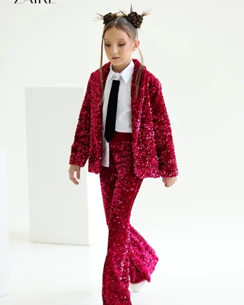 Compleu fuchsia elegant din paiete pentru fete, sacou si pantalon evazat - Astrid