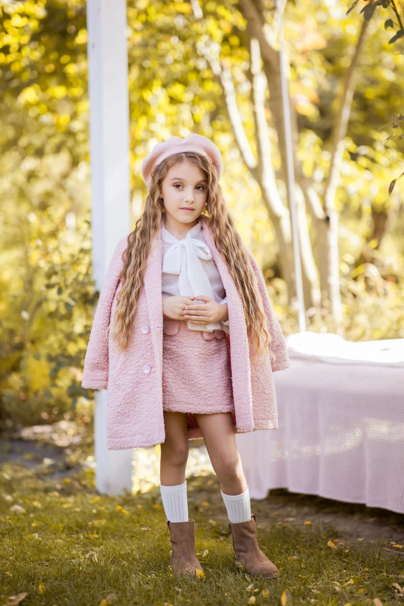 Palton roz casual din stofa boucle pentru fete - Ella