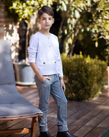 Pantaloni gri eleganti din stofa cu dungi albe pentru baieti - Mateo