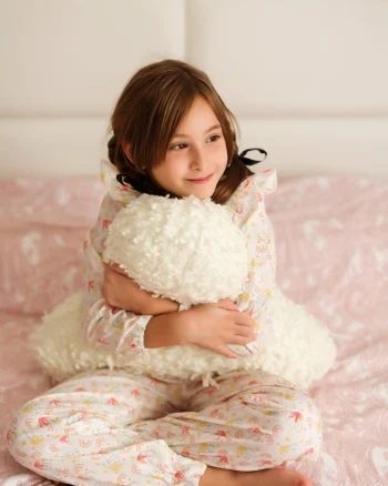 Pijama alba din bumbac imprimat cu pisicute pentru fete - Personalizare Broderie
