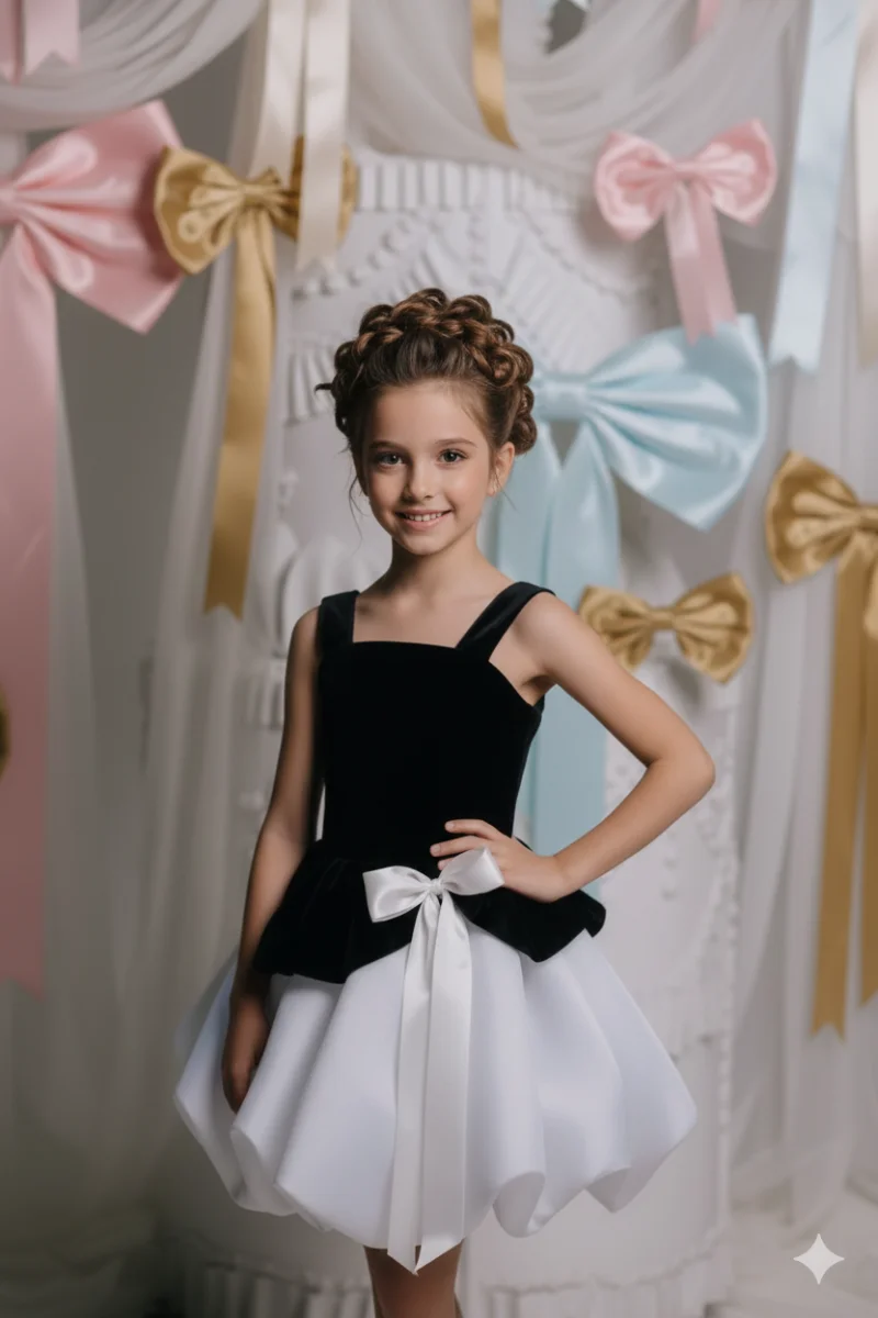 Rochie eleganta din catifea neagra si fusta alba pentru fete - Erin
