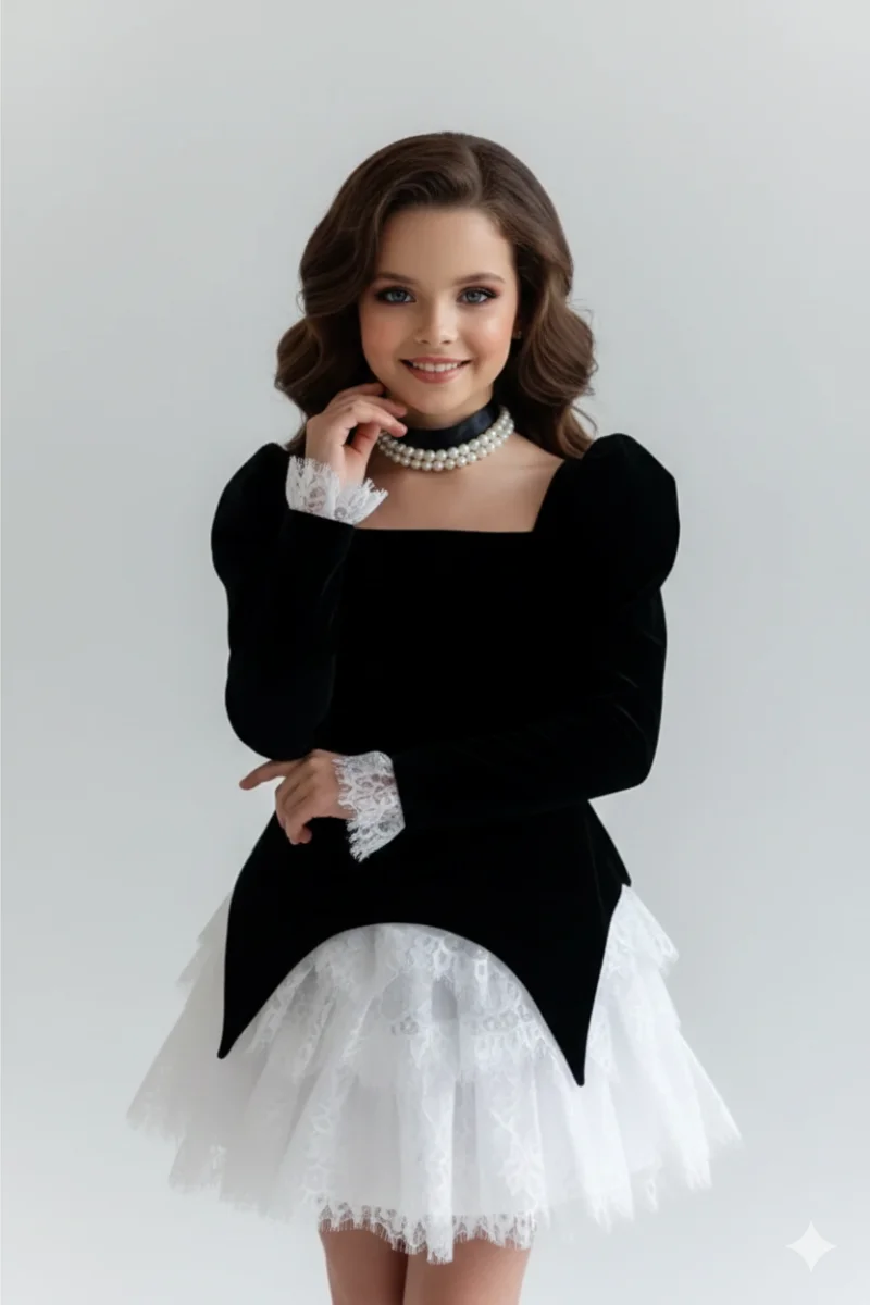 Rochie eleganta din catifea neagra si dantela chantilly pentru fete - Elia