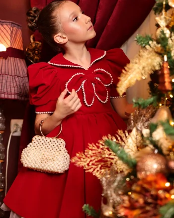Rochie rosie eleganta din catifea si perle pentru fete - Zayla