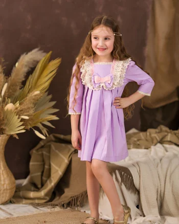 Rochie lila vintage din in pentru fete - 4-5 ani si 10 ani